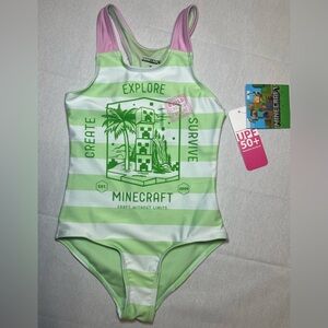 Minecraft Girls 1-Piece Swimsuit NWT Green White And Pink Size 4/5
